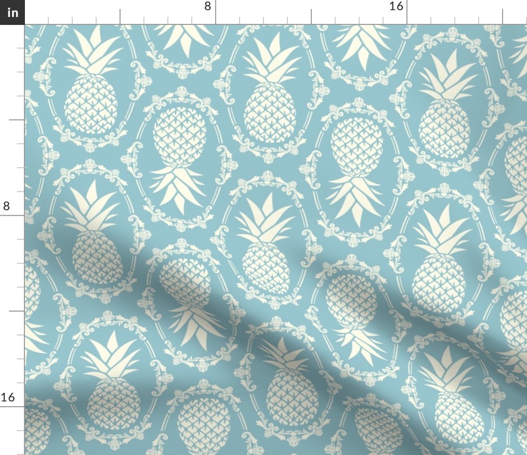 Large Scale Pineapple Fruit Damask in Ivory and Vintage Blue