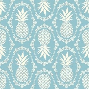 Medium Scale Pineapple Fruit Damask in Ivory and Vintage Blue