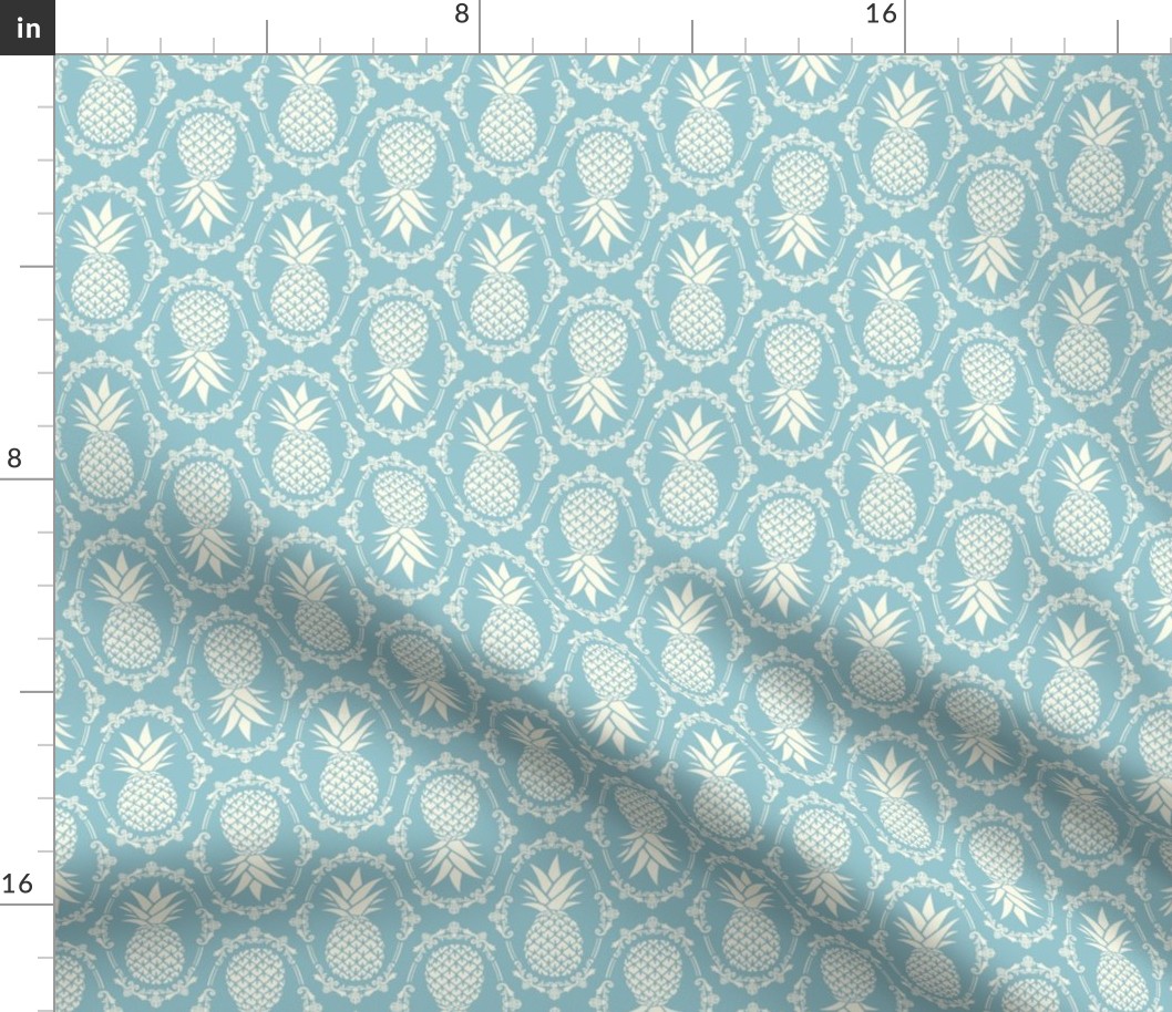Medium Scale Pineapple Fruit Damask in Ivory and Vintage Blue