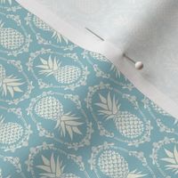 Small Scale Pineapple Fruit Damask in Ivory and Vintage Blue