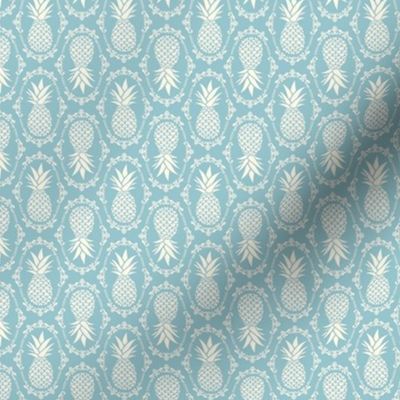 Small Scale Pineapple Fruit Damask in Ivory and Vintage Blue