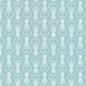 Small Scale Pineapple Fruit Damask in Ivory and Vintage Blue