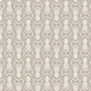 Small Scale Pineapple Fruit Damask in Ivory and Mushroom Tan Beige