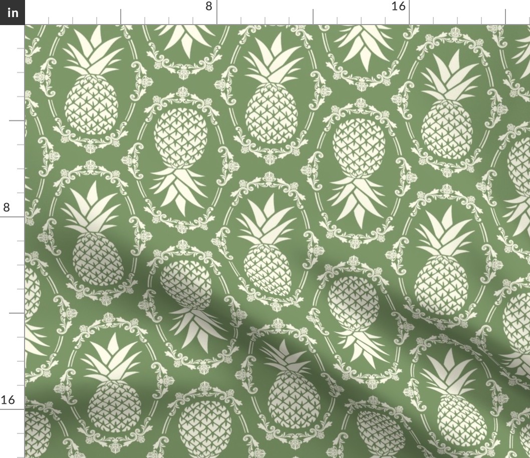 Large Scale Pineapple Fruit Damask in Ivory and Spring Green