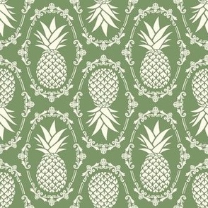 Medium Scale Pineapple Fruit Damask in Ivory and Spring Green