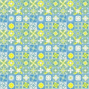 Light blue and yellow mandala tiles, hand drawn 6” block