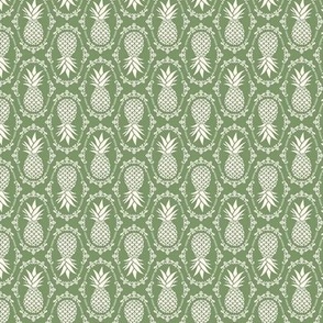Small Scale Pineapple Fruit Damask in Ivory and Spring Green