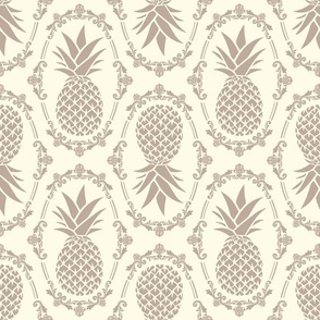 Large Scale Pineapple Fruit Damask in Ivory and Mushroom Tan Beige