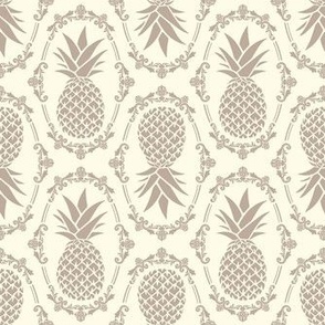 Medium Scale Pineapple Fruit Damask in Ivory and Mushroom Tan Beige