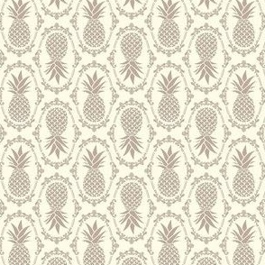 Small Scale Pineapple Fruit Damask in Ivory and Mushroom Tan Beige