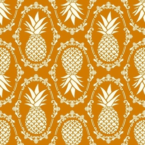 Large Scale Pineapple Fruit Damask in Ivory and Golden Desert Sun