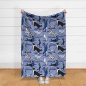 Large jumbo scale // Dogs joy // monochromatic blue // Greyhound Beagle black Border Collie German Shepherd Dalmatian Golden Retriever French Bulldog and Dachshund dog breeds jumping 