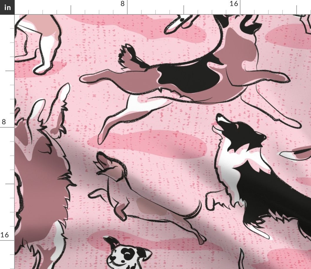Large jumbo scale // Dogs joy // monochromatic pink // Greyhound Beagle black Border Collie German Shepherd Dalmatian Golden Retriever French Bulldog and Dachshund dog breeds jumping