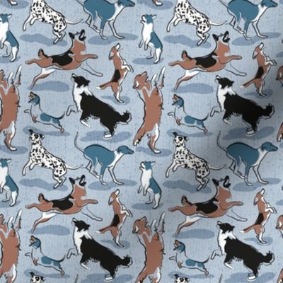 Tiny scale // Dogs joy // pastel blue background // Greyhound Beagle black Border Collie German Shepherd Dalmatian Golden Retriever French Bulldog and Dachshund dog breeds jumping