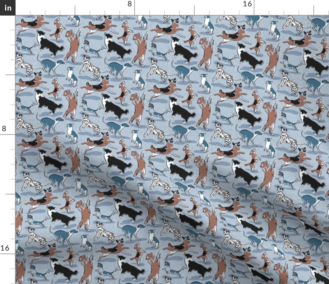 Tiny scale // Dogs joy // pastel blue background // Greyhound Beagle black Border Collie German Shepherd Dalmatian Golden Retriever French Bulldog and Dachshund dog breeds jumping