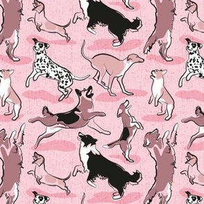 Small scale // Dogs joy // monochromatic pink // Greyhound Beagle black Border Collie German Shepherd Dalmatian Golden Retriever French Bulldog and Dachshund dog breeds jumping