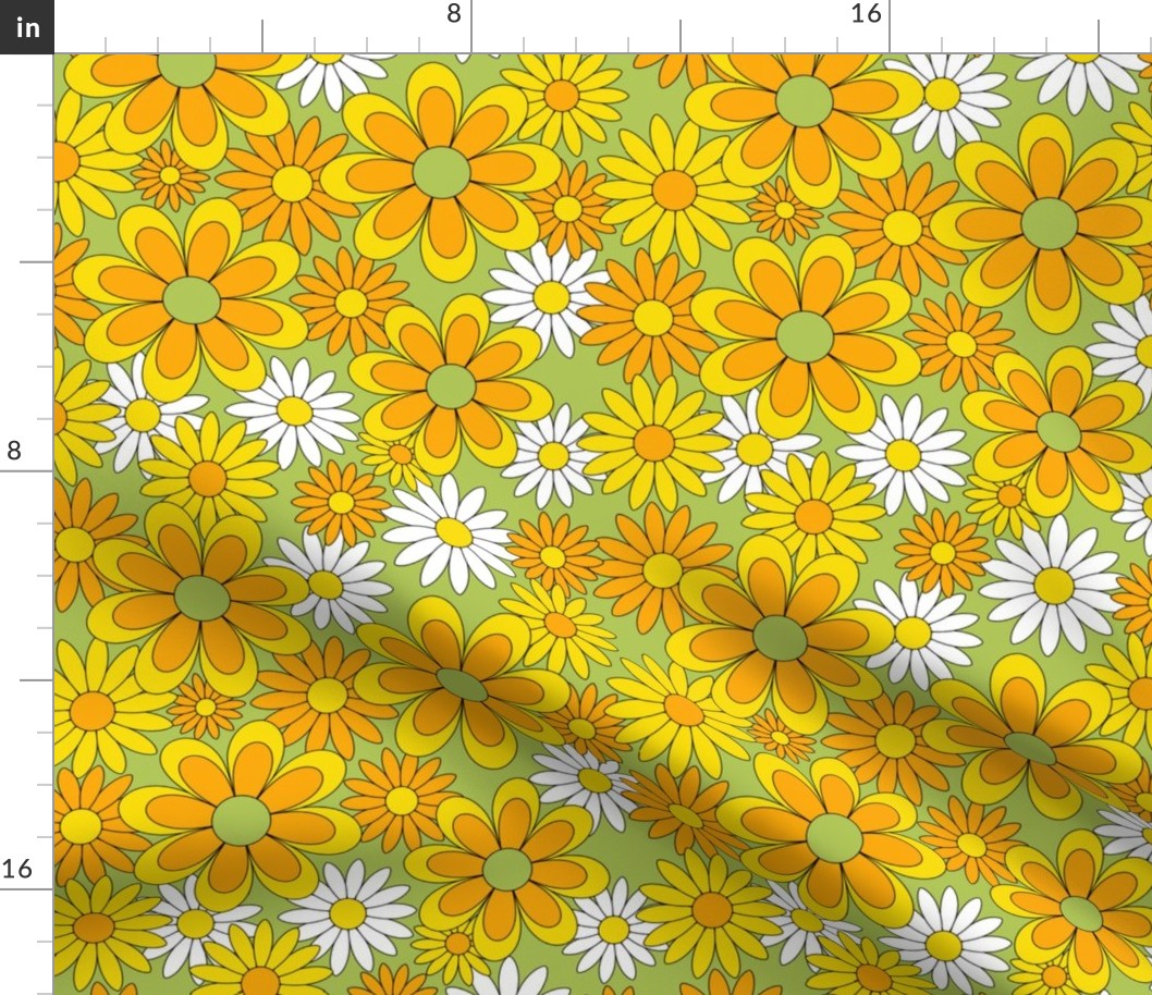 70s Flower Power Green Orange and Yellow Daisy