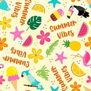 Large Scale Summer Vibes Tropical Flowers Parrots Birds Ice Cream Flamingos Watermelon on Soft Yellow