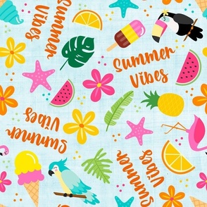 Large Scale Summer Vibes Tropical Flowers Parrots Birds Ice Cream Flamingos Watermelon on Pale Blue