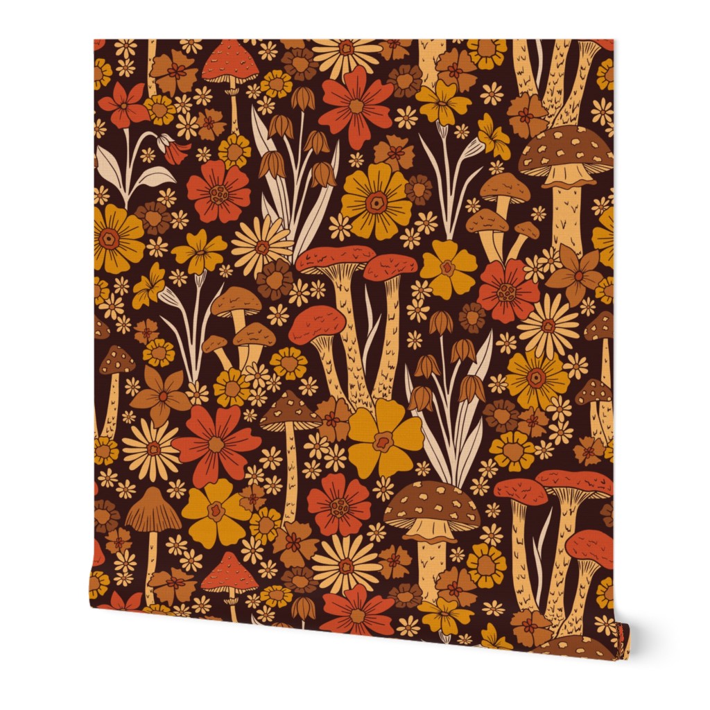 Retro 1970s Brown & Orange Mushrooms & Flowers