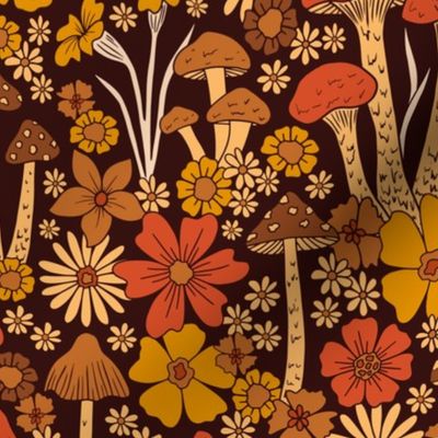 Retro 1970s Brown & Orange Mushrooms & Flowers