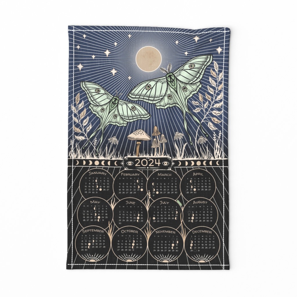 Luna Moths with Full Moon - 2024 calendar/wall Hanging or Tea Towel - moon phases, lunar calendar