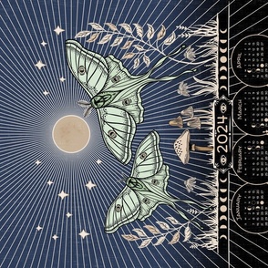 Luna Moths with Full Moon - 2023 calendar/wall Hanging or Tea Towel - moon phases, lunar calendar