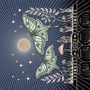 Luna Moths with Full Moon - 2024 calendar/wall Hanging or Tea Towel - moon phases, lunar calendar