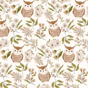 woodland owls in neutral brown with green botanicals and flowers