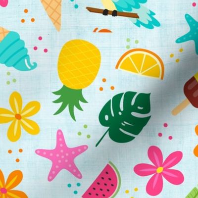 Large Scale Summer Vibes Tropical Flowers Parrots Birds Ice Cream Flamingos Watermelon on Pale Blue