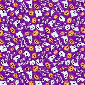Small Scale Boo Bitches Sarcastic Sweary Halloween Ghosts and Pumpkins on Purple