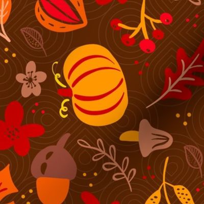 Large Scale Autumn Fall Gathering Leaves Pumpkins Berries on Brown