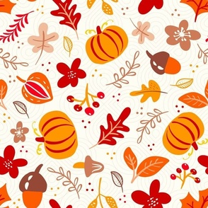 Large Scale Autumn Fall Gathering Leaves Pumpkins Berries on Ivory