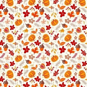 Small Scale Autumn Fall Gathering Leaves Pumpkins Berries on Ivory