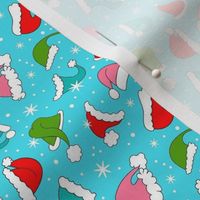 Small Scale Colorful Santa Hats and Snowflakes on Blue