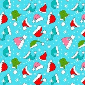Small Scale Colorful Santa Hats and Snowflakes on Blue