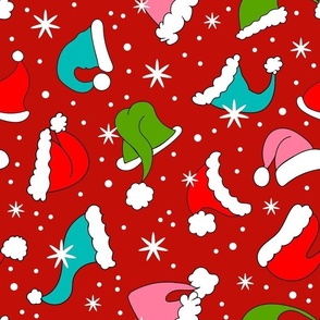 Large Scale Colorful Santa Hats and Snowflakes on Red