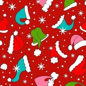 Medium Scale Colorful Santa Hats and Snowflakes on Red
