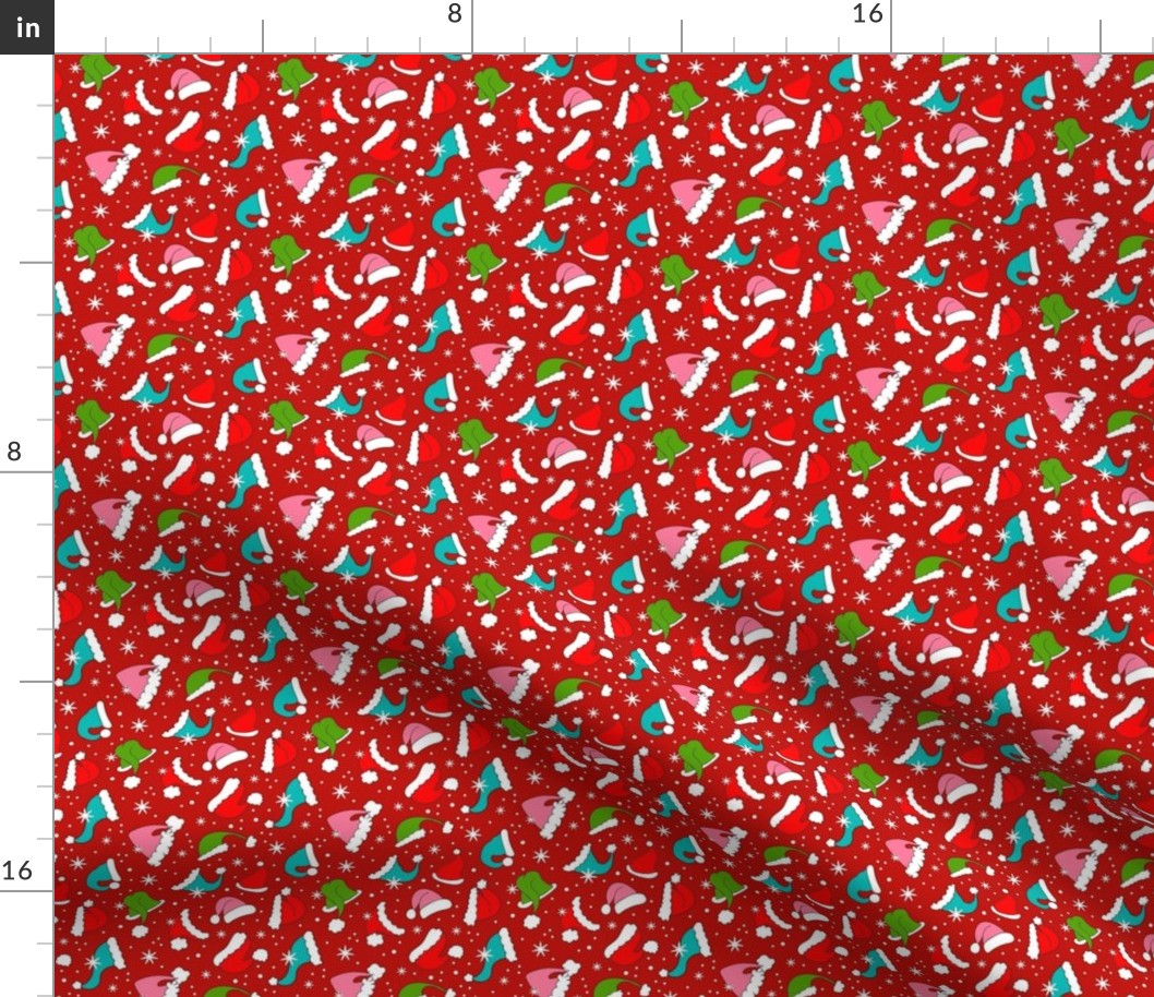 Small Scale Colorful Santa Hats and Snowflakes on Red