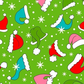 Large Scale Colorful Santa Hats and Snowflakes on Green