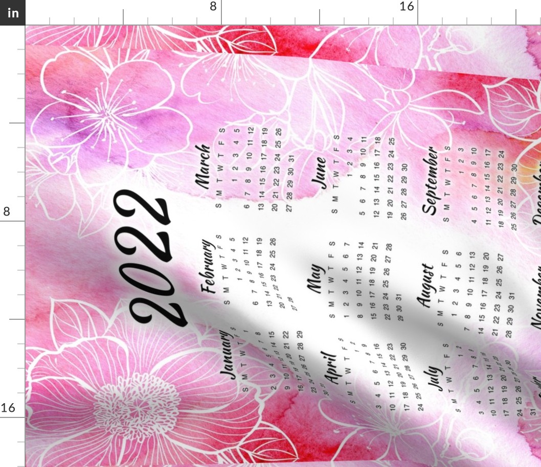 2022 calendar pink floral watercolor