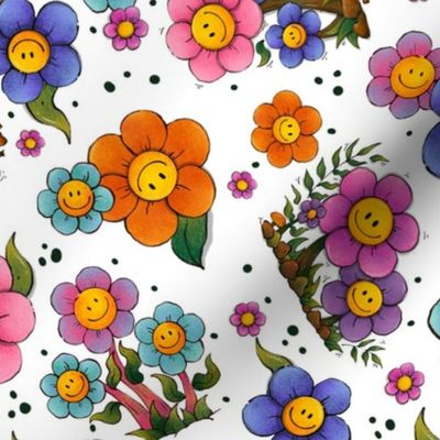 Large Scale Hippie Flowers Girls Retro Smile Face Floral