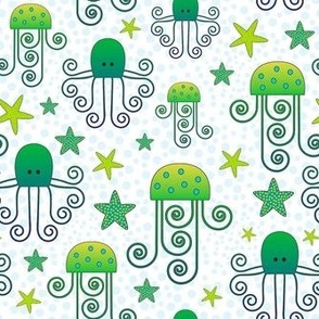 Medium Scale Jellyfish Octopus Star Fish Sea Creatures in Green and Blue