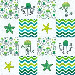 Smaller Scale Patchwork 3" Squares for Cheater Quilt or Blanket Green and Blue Star Fish Jellyfish Octopus Sea Creatures