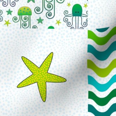 Bigger Scale Patchwork 6" Squares for Cheater Quilt or Blanket Green and Blue Star Fish Jellyfish Octopus Sea Creatures