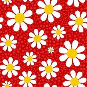 Medium Scale White Daisies Daisy Flowers on Red