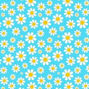 Small Scale White Daisies Daisy Flowers on Bright Mystic Blue