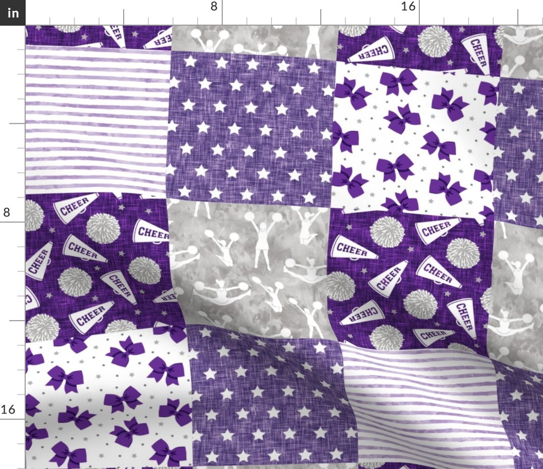 Cheer Wholecloth - cheerleading - bows, pom poms, megaphone - purple and grey  - LAD21