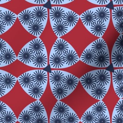 354 - Stylised textured four leaf clover/modern floral in red, blue and grey - 100 Patterns Project: medium scale for home decor, bag linings, apparel, lampshades, pillows and more