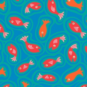 Teeming Fish Cute Sea Ocean Creatures in Bright Blue Aqua Turquoise Red Orange - SMALL Scale - UnBlink Studio by Jackie Tahara